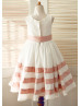 Ivory Taffeta Pink Stripes Knee Length Flower Girl Dress